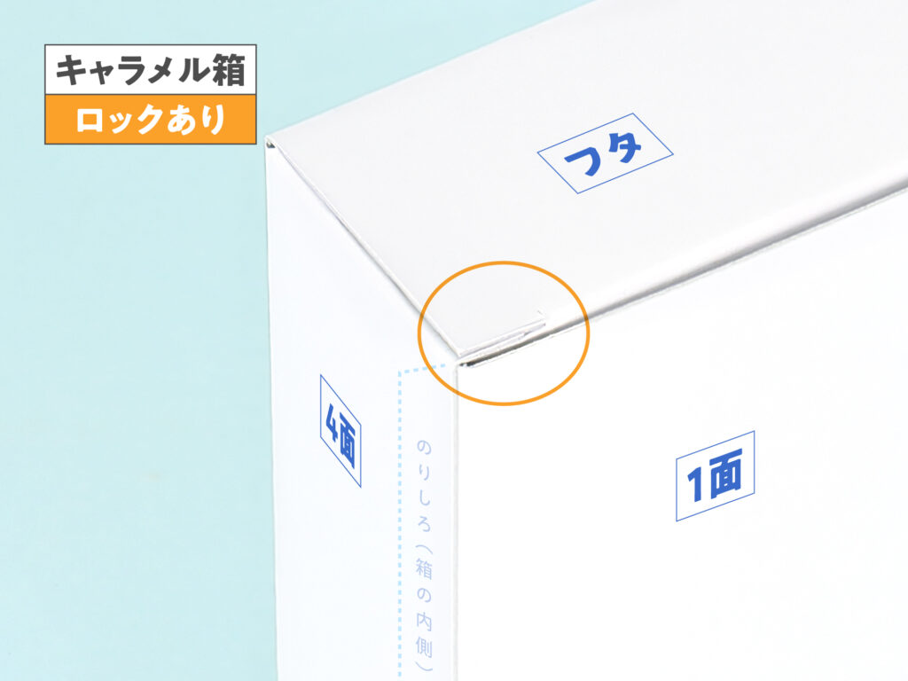 キャラメル箱ロックあり ロックがフラップに挟まっている様子の拡大