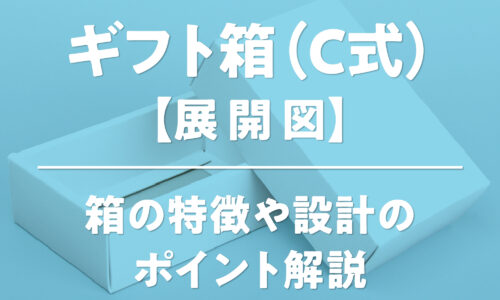 ギフト箱（組箱・C式箱・かぶせ箱・身フタ箱）の展開図と特徴を解説する図。フタ箱と身箱が分かれた形状で、板紙と合紙/段ボールの材質の違い、額縁あり/なしの設計、両サイド貼りによる組立ての効率化、フタと身箱のサイズ差といった設計のポイントを示した画像。