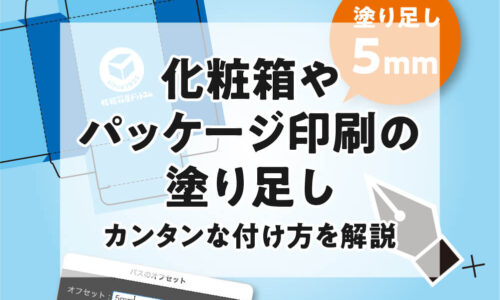 化粧箱・パッケージ印刷における塗り足しの解説図。キャラメル箱を例に、必要な塗り足し幅（5mm）と、抜きズレによる白地が出る失敗例、Adobe Illustratorでの塗り足しの簡単な付け方を示した画像。