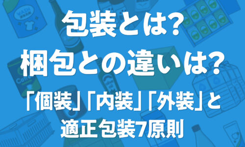 包装のJIS規格に基づく定義と分類（個装、内装、外装）の解説図。工業包装、商業包装、輸送包装といった種類と、適正包装7原則の概要、梱包（こん包）と包装の違いを示した画像。