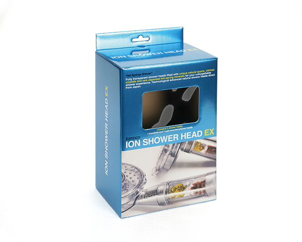 メタルシルバー紙を使用した化粧箱　シャワーヘッド用パッケージの外観